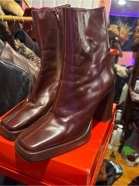 Jeffrey Campbell Square-Toe Block Heel Ankle Boots in Dark Wine